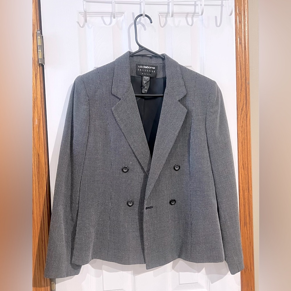 Liz Claiborne collection Petite 8 Dark gray white, black blazer wardrobe classic